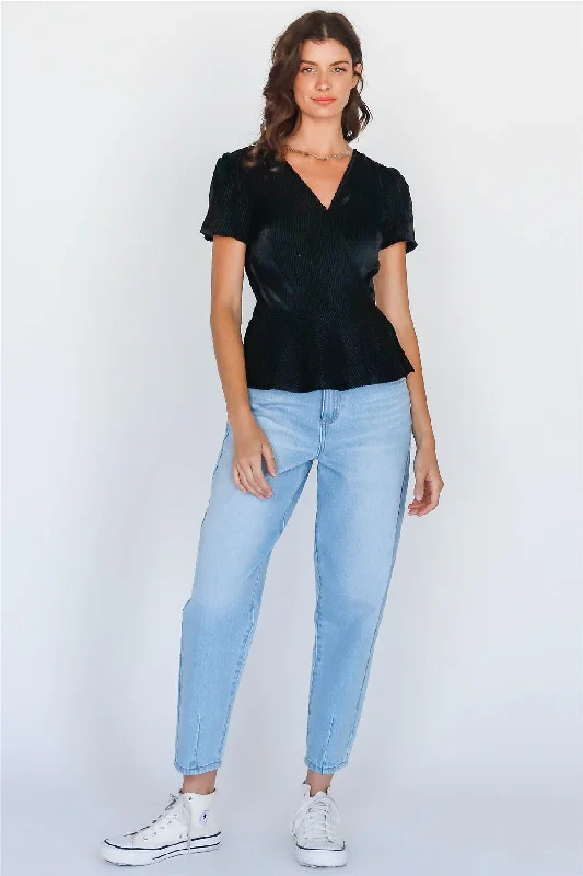 Black Velvet Wrap V-Neck Self Tie Short Sleeve Top /1-2-2-1VNeckTopFusion