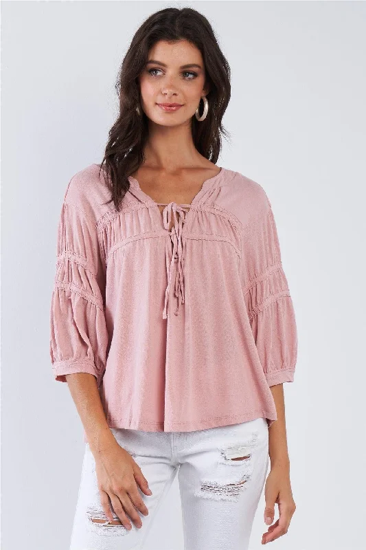 Dusty Pink Boho Chic Mid Arm Sleeve V-Neck Front Tie Loose Fit Top /3-2-1VNeckTopCore