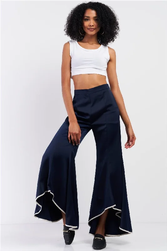 CulottesNavy Satin High Waisted Retro Flare Asymmetrical White Detail Hem Pants /1-2-2-1