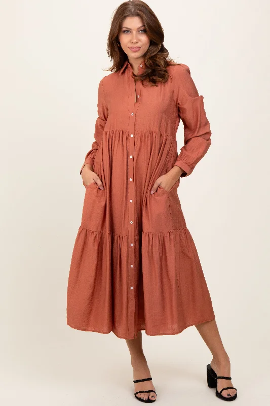 Rust Button Down Long Sleeve Midi Shirt Dress