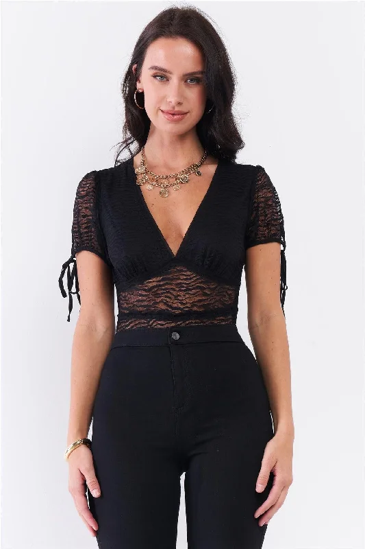 Black Sheer Mesh Deep Plunge V-Neck Short Sleeve Bodysuit /3-2-1VNeckTopAdventurer