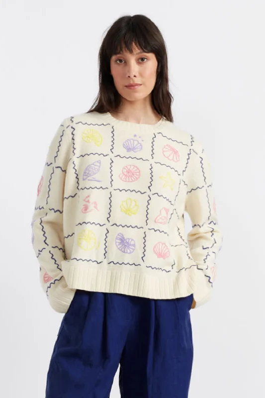 Cream Wool-Cashmere La Mer Embroidered SweaterKnit Crop