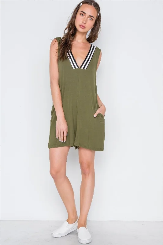 Olive Contrast V-Neck Loose Fit Romper /2-1-1VNeckTopPearl