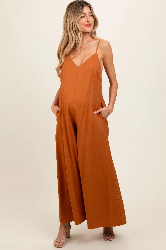 Rust V-Neck Sleeveless Wide Leg Maternity JumpsuitVNeckTopQuartz