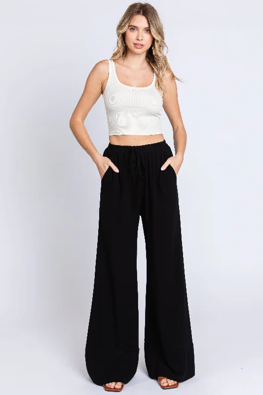 Waterproof PantsBlack Linen Wide Leg Lace Trim Pants