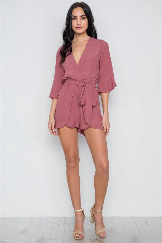 Mauve Surplice V-Neck 3/4 Bell Sleeve Boho Romper / 1-2-2-1VNeckTopEclipse