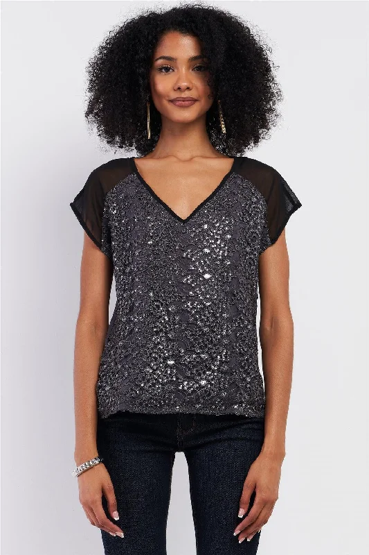 Grey & Black Mesh Crochet Sequin Embroidery V-Neck Top /1-2-2VNeckTopOasis