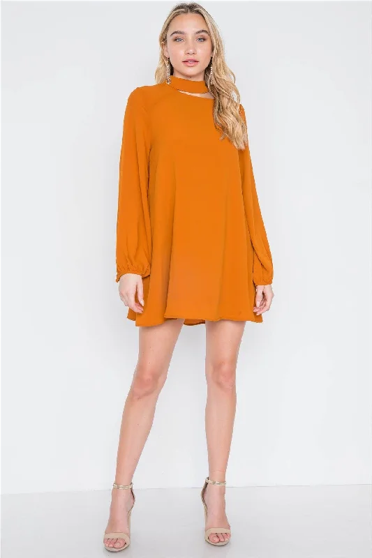 Camel Cut-Out Neck Solid Long Sleeve Dress /2-2-3