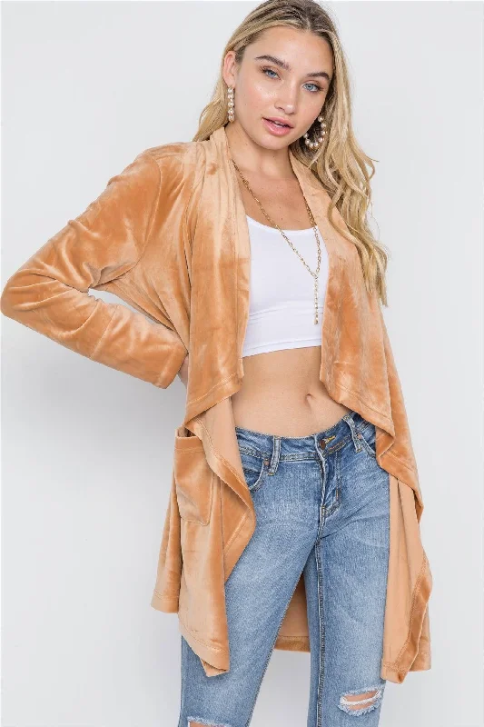 Rust Open Front Long Sleeve Soft Velvet Cardigan /2-2-2