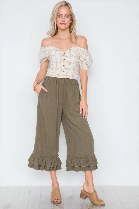 JodhpursOlive High-Waist Ruffle Hem Wide Leg Boho Pants /3-2-1