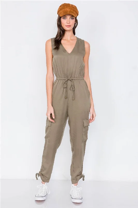 Olive Cargo Cinched Ankle Pant V-Neck Jumpsuit /2-2-2VNeckTopSilver