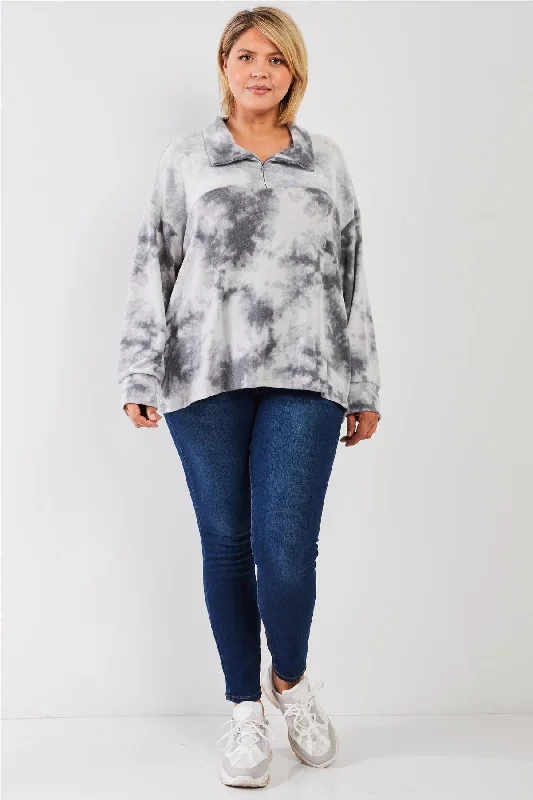 Junior Plus Graphite Tie-Dye Print Fleece Combo Plush Collared Neck Long Sleeve Loose Fit Top /1-2-1