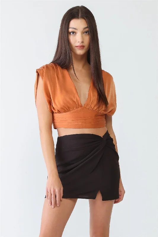 Burnt Orange Satin V-Neck Dolman Short Sleeve Crop Top /3-2-1VNeckTopEdge