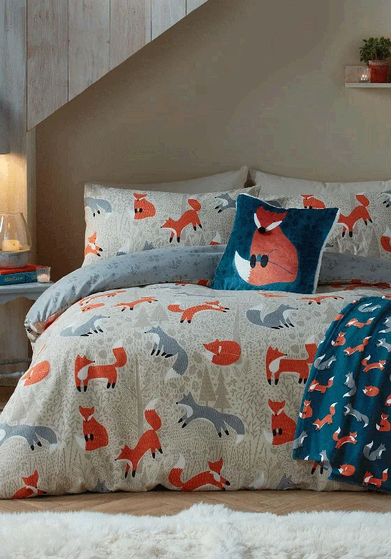 Fusion Foraging Fox Brushed Cotton Duvet Cover Set, Natural