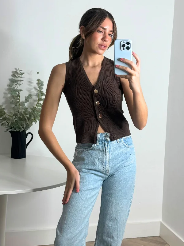 Nella Knitted Waistcoat in ChocolateKnit V-Neck