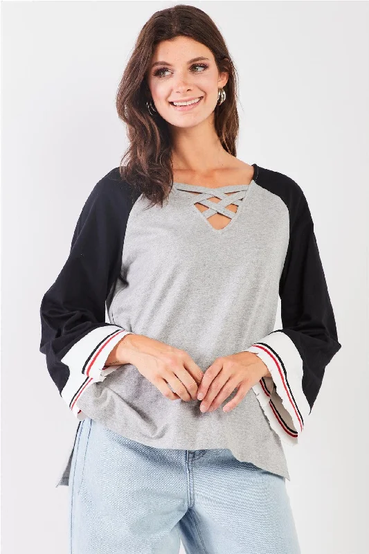 Heather Grey & Black Lace-Up V-Neck Long Bell Sleeve Asymmetrical Sweatshirt /2-2-2VNeckTopRuby