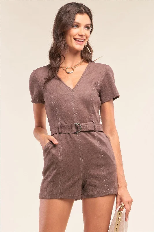 Ash Brown Suede Tight Fit V-Neck Belt Detail Romper /1-2-2-1VNeckTopCrystal