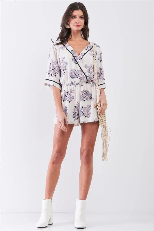 Dahlia Cream & Blush Kimono Inspired Floral Print Wrap Plunging V-Neck Romper /1-2-2-1VNeckTopQuartz