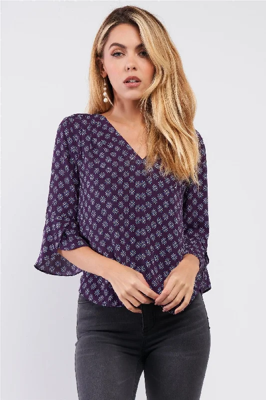 Purple Multi Color Print V-Neck Midi Sleeve Flare Heme Self-Tie Back Detail Top /1-2-2-1VNeckTopPegasus