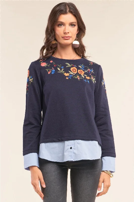 Navy Blue Floral Embroidery Crew Neck Long Sleeve Preppy Inspired Mock Up Shirt Top /1-1-2