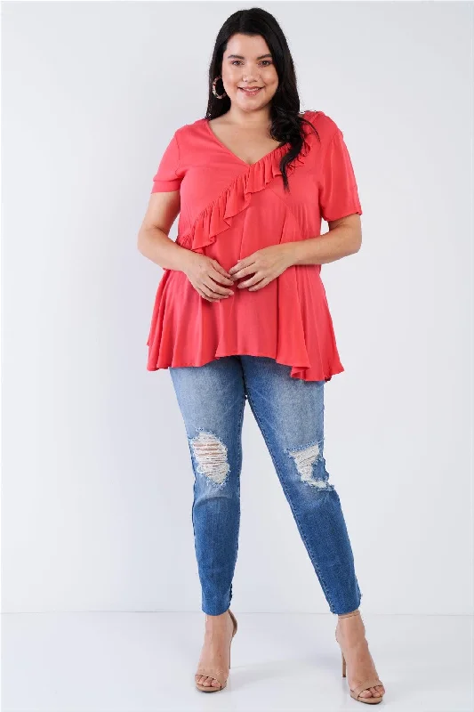 Junior Plus Size Coral Pink V-Neck Diagonal Ruffle Trim Short Sleeve Top /3-2-1VNeckTopVibe