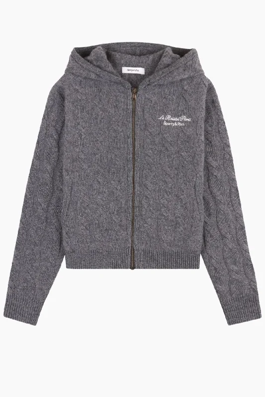 Sporty & Rich Faubourg Cashmere Zip Hoodie - Dark Grey/ WhiteKnit Chunky