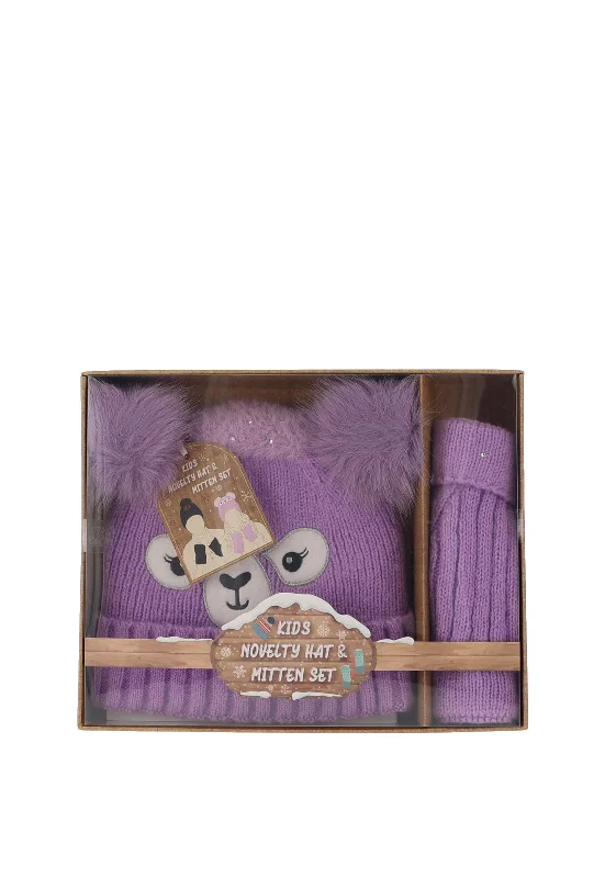 Brandwell Kids Lama Hat and Mitten Set, Purple