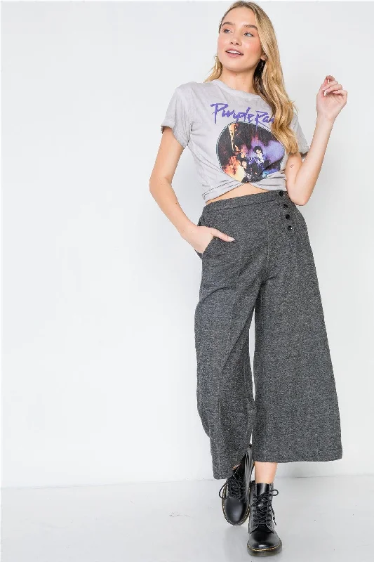 Patched PantsBlack Knit Side Button Wide Leg Ankle Pants /2-2-2