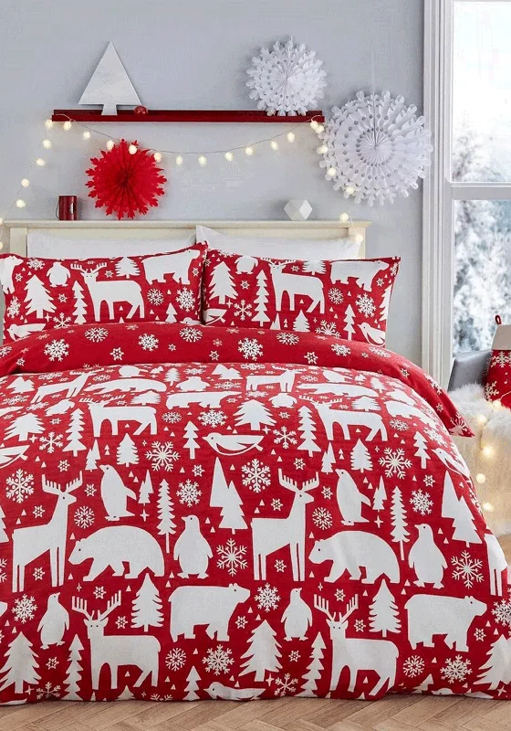 Fusion Arctic Animal Print Christmas Duvet Cover Set, Red