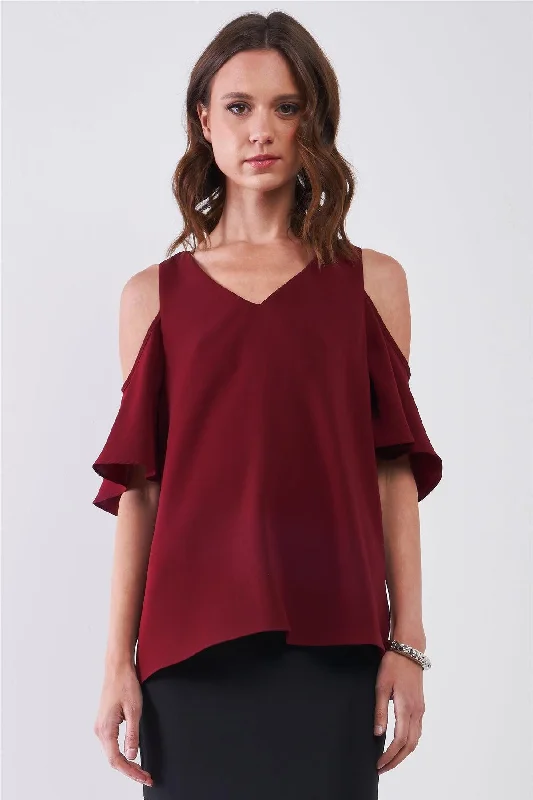 Burgundy V-Neck Cold Shoulder Detail Short Sleeve Relaxed Top /2-1-1-2VNeckTopFlow