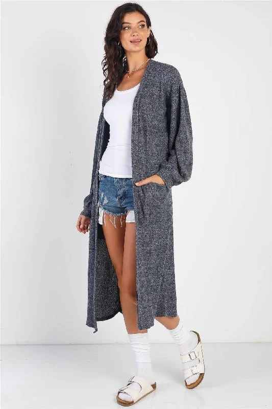 Charcoal Knit Open Front Two Pocket Long Sleeve Cardigan /2-2