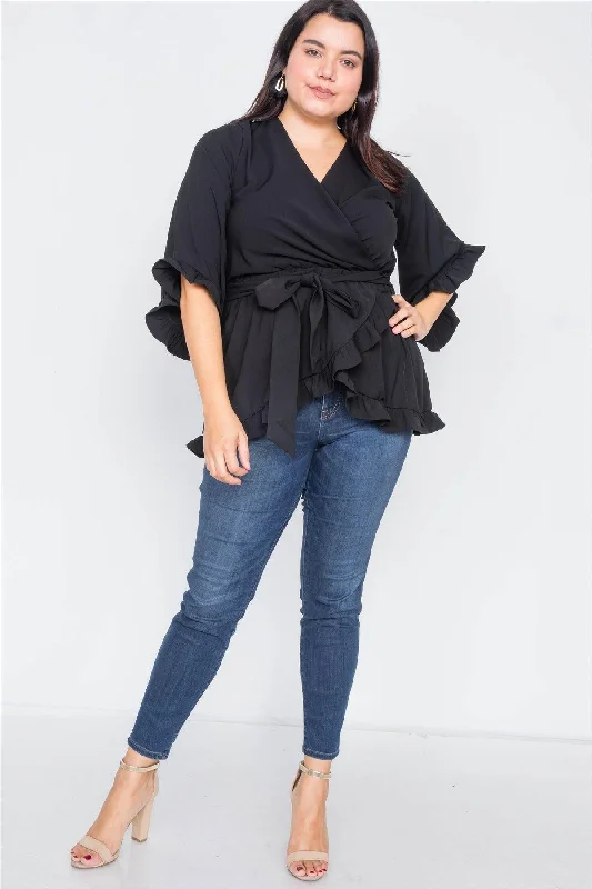 Plus Size Black Mock Wrap V-Neck Open Back Bell Sleeve TopVNeckTopViking