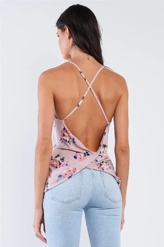 Lavender Multicolor Floral Sleeveless V-Neck Halter Tie Criss-Cross Strap Open Back Top /1-2-3-1VNeckTopCore