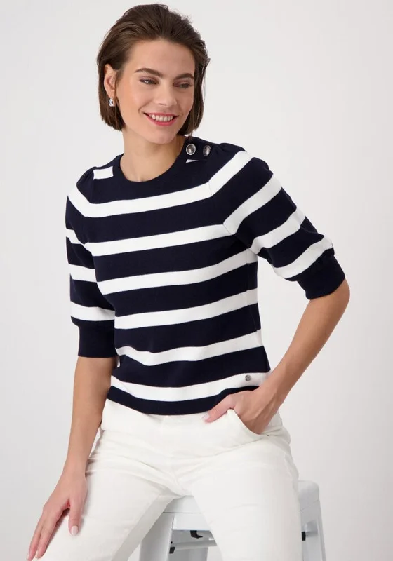 Monari Striped Button Detail Cropped Sleeve Sweater, NavyKnitted Casual