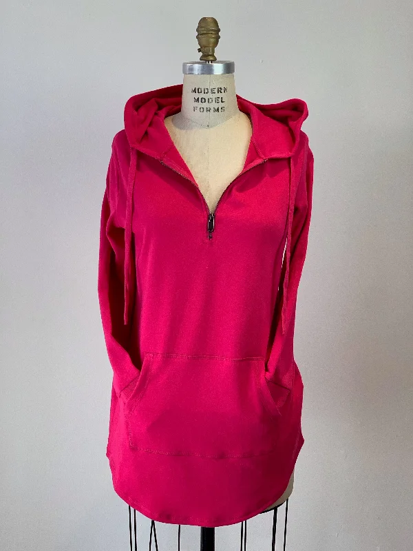 DKR Long Hooded Kangaroo Tunic Top With 3/4 Zip RaspberryStriped Shirts