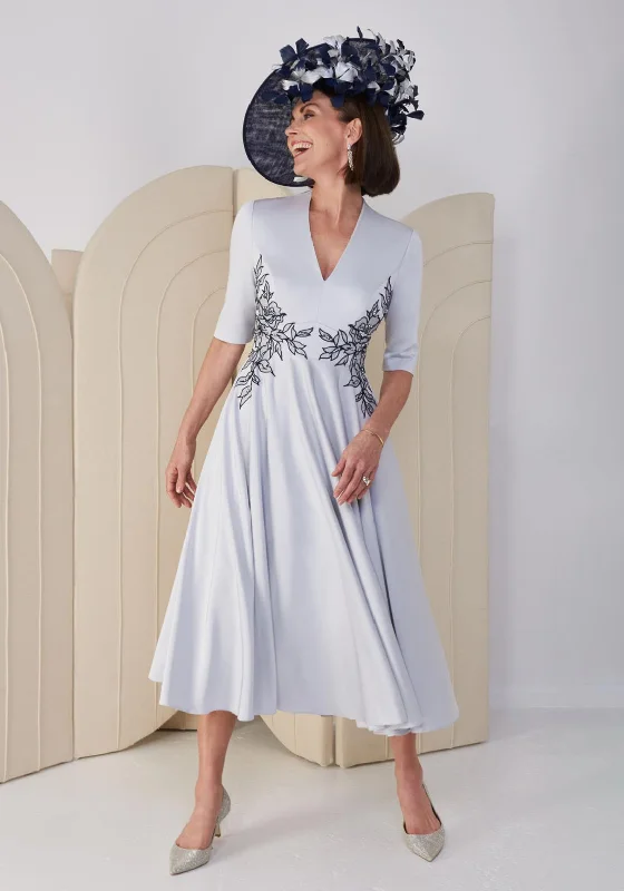 John Charles Embroidered Waist Midi Dress, Silver & NavyEdwardian Dress