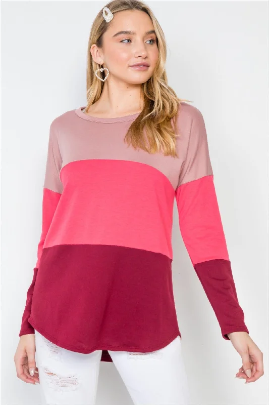 Mauve Coral Burgundy Colorblock Long Sleeve Sweater /2-2-2