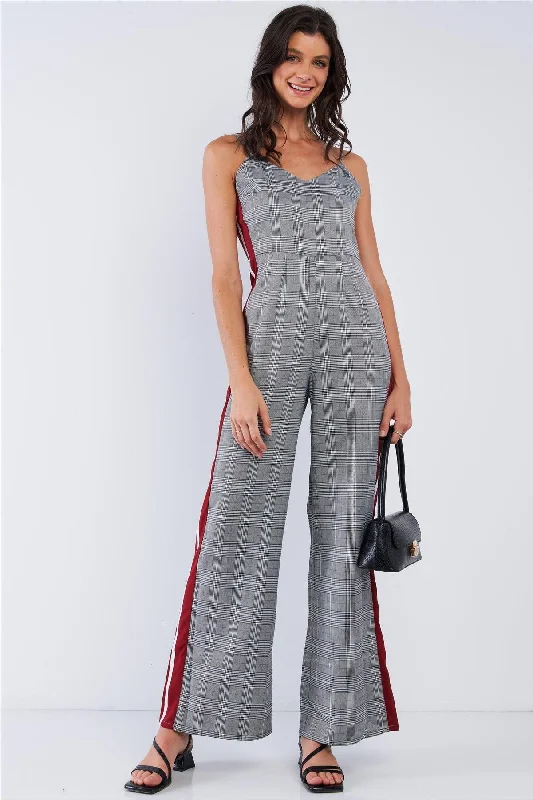 Grey Checkered V-Neck Sleeveless Red&White Accent Side Stripe Wide Leg Jumpsuit /1-2-2-1VNeckTopInfinity