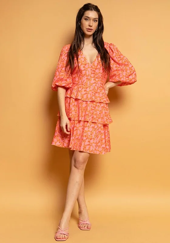 Seventy1 Bishop Sleeve Tiered Mini Dress, Orange & PinkHalter Dress