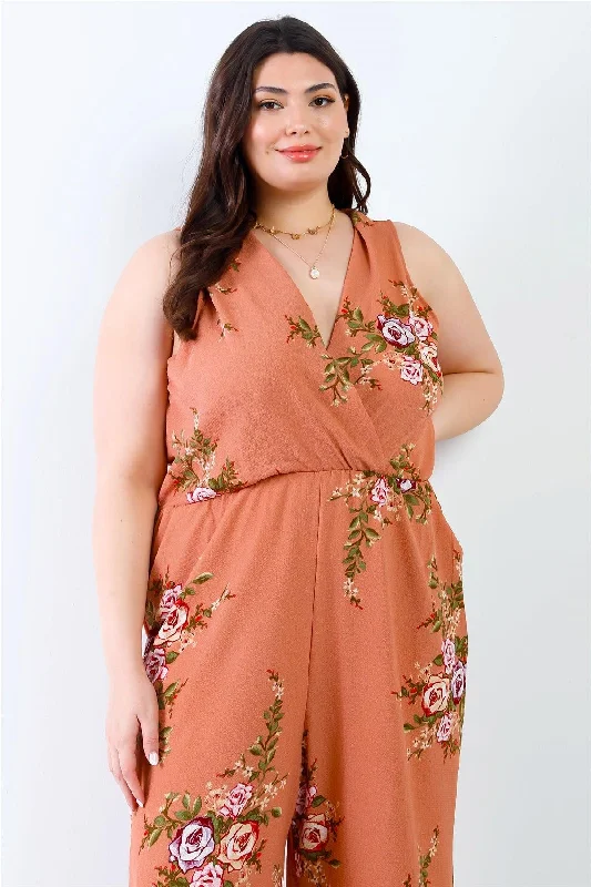 Junior Plus Caramel Flower Print Wrap V-Neck Back Self-Tie Detail Sleeveless Jumpsuit /2-4VNeckTopTitan