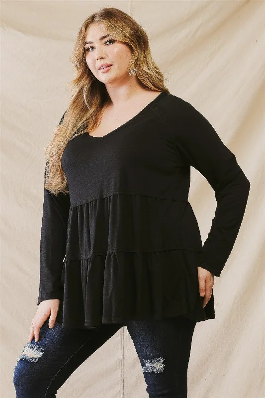 Junior Plus Black Flare Hem V-Neck Long Sleeve Top /2-2-1