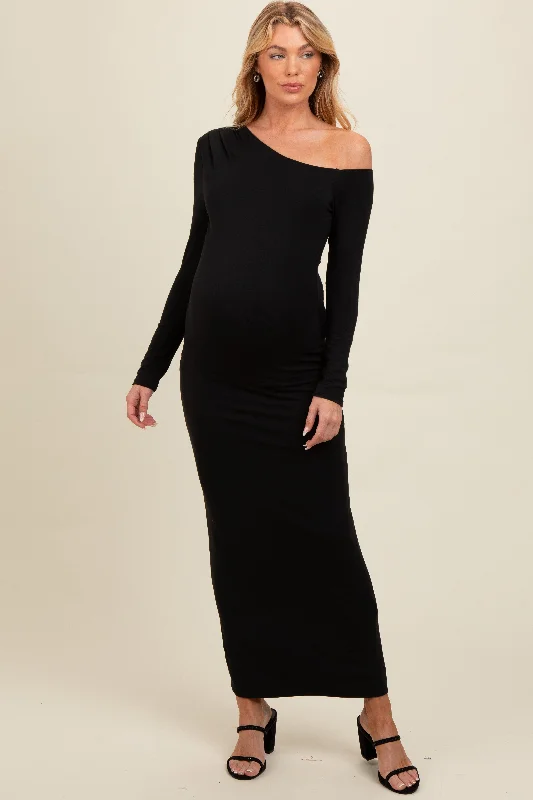 Black One Shoulder Long Sleeve Maternity Midi Dress