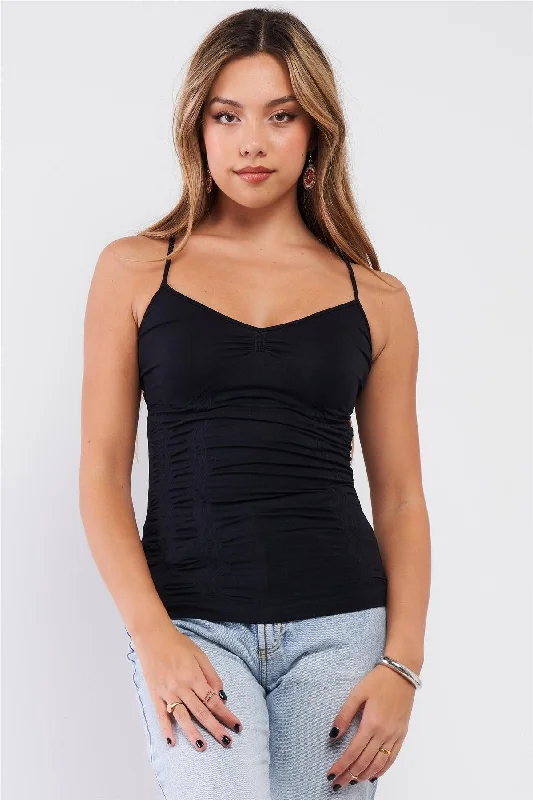 Black Basic Sleeveless V-Neck Gathered Front Detail Ribbed Back Cami Top /3-3VNeckTopCosmo