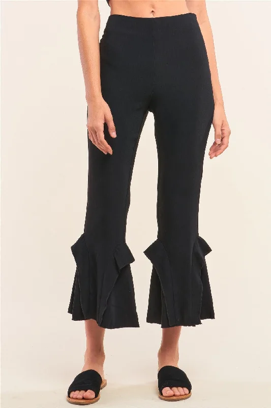 Flare PantsBlack High Waisted Fitted Ruffle Trim Flare Detail Capri Pants