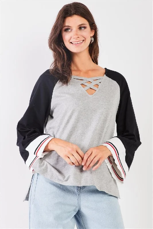 Heather Grey & Black Lace-Up V-Neck Long Bell Sleeve Asymmetrical Sweatshirt /2-1-2VNeckTopJade