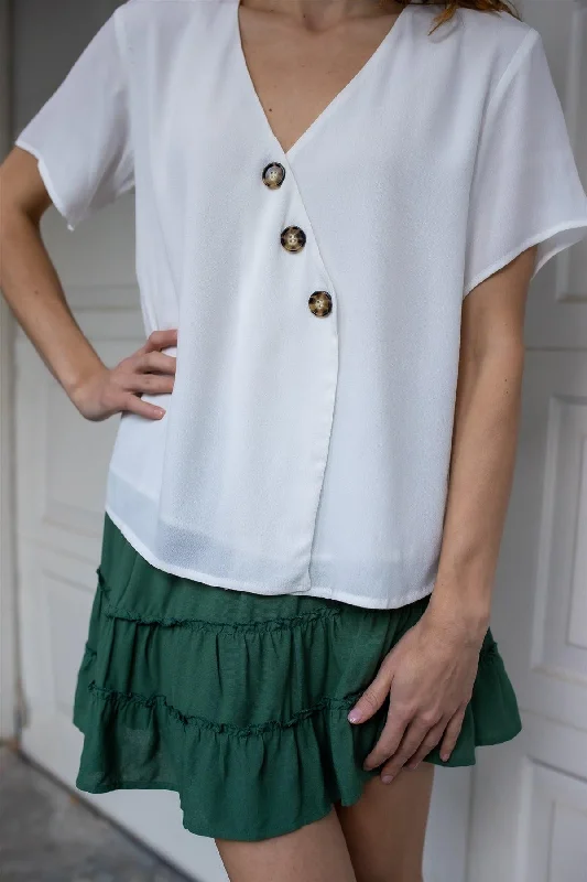 White Viscose Contrast Button Up Detail V-Neck Top /1-2-2-1VNeckTopVortex