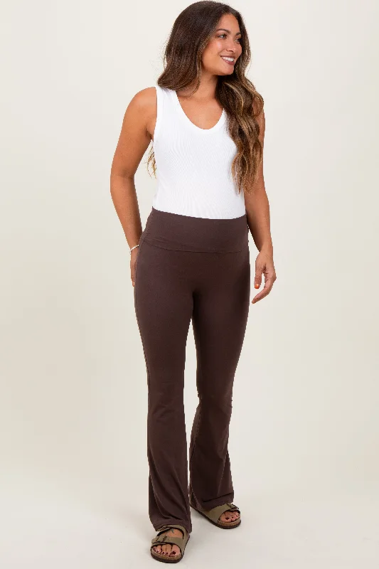 Elastic-waistBrown Fold Over Waistband Maternity Flared Pants