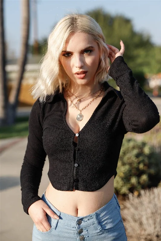 Black Textured Collared V-Neck Shirt Crop Top /3-2-1VNeckTopUltra