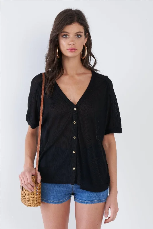 Black Relaxed Fit V-neck Front Button Down Top  /2-2-2VNeckTopIron