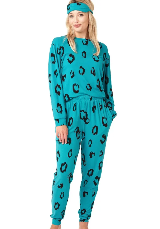 Indigo Sky Animal Print Soft Knitted Pyjama & Eyemask Set, Teal